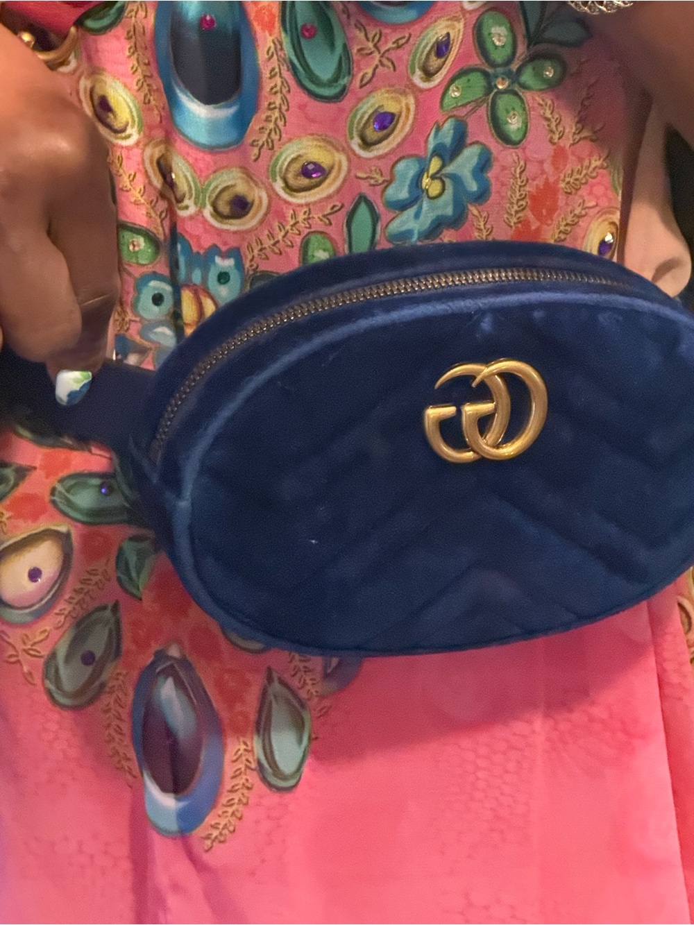 Gucci Royal Blue Quilted Velvet Crossbody Belt Bag with Gold Double G